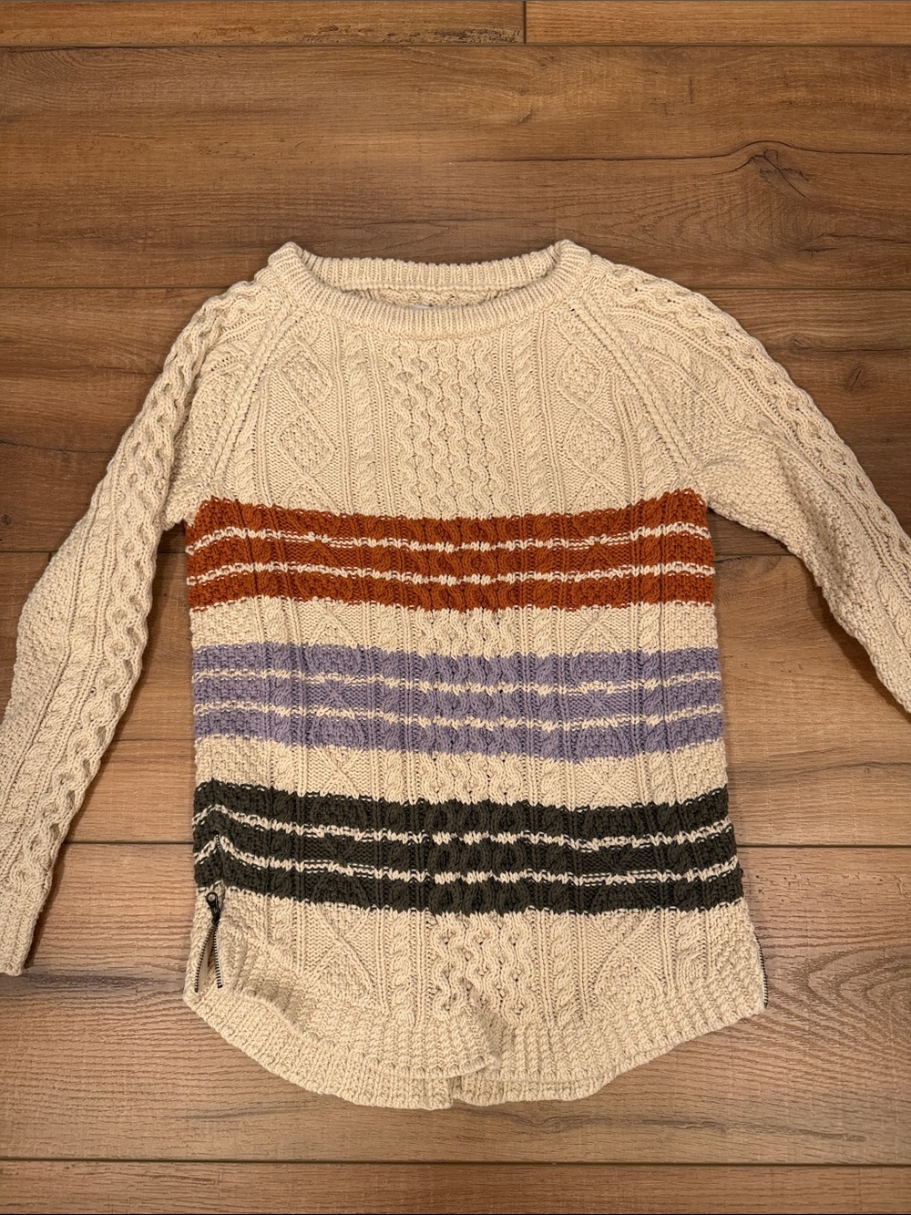 Signature Cream Cable-Knit Crew Sweater with Rust, Lavender & Black Stripes XS